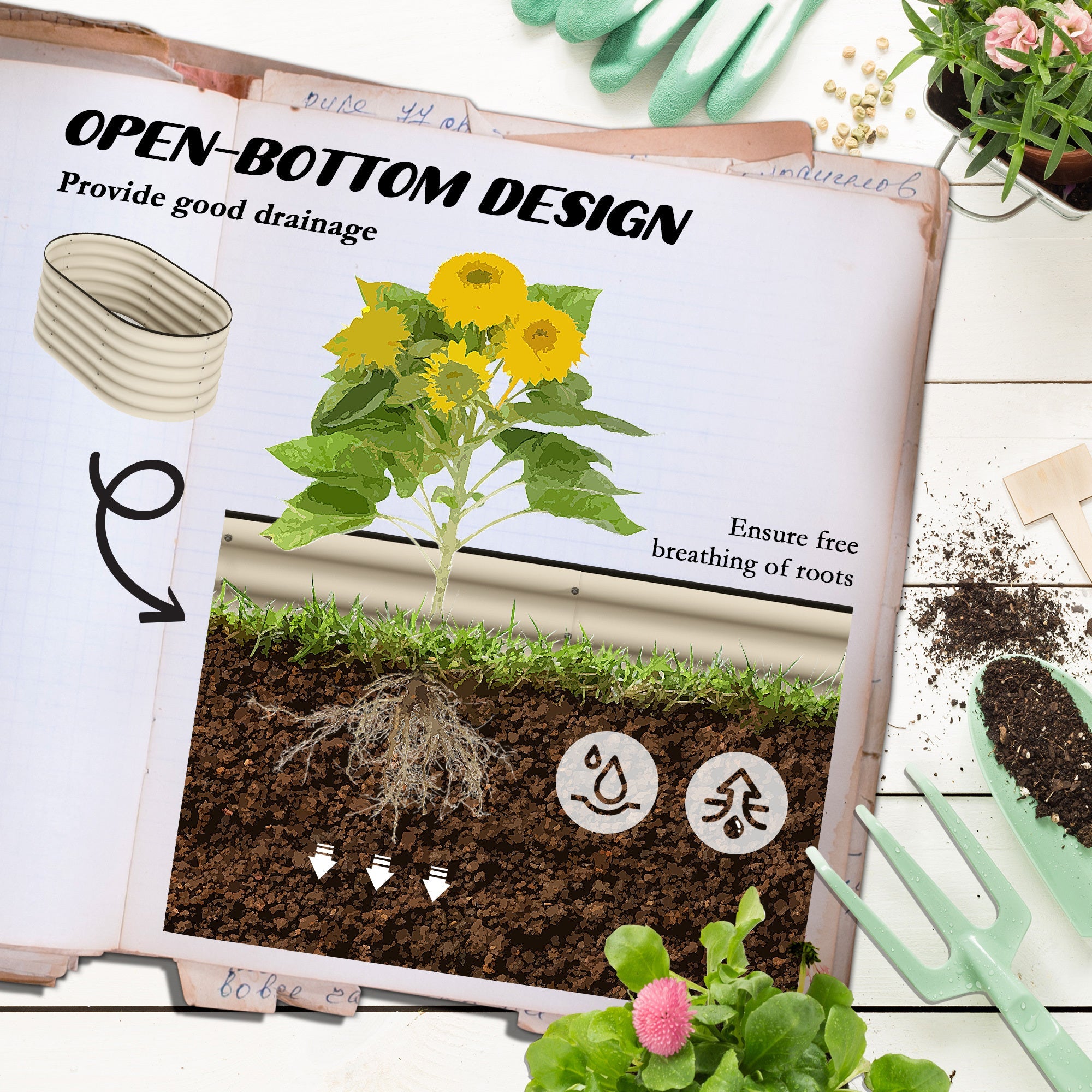 Galvanized Raised Garden Bed Kit – 3.5'x2'x1.4' Elevated Planter, Cream