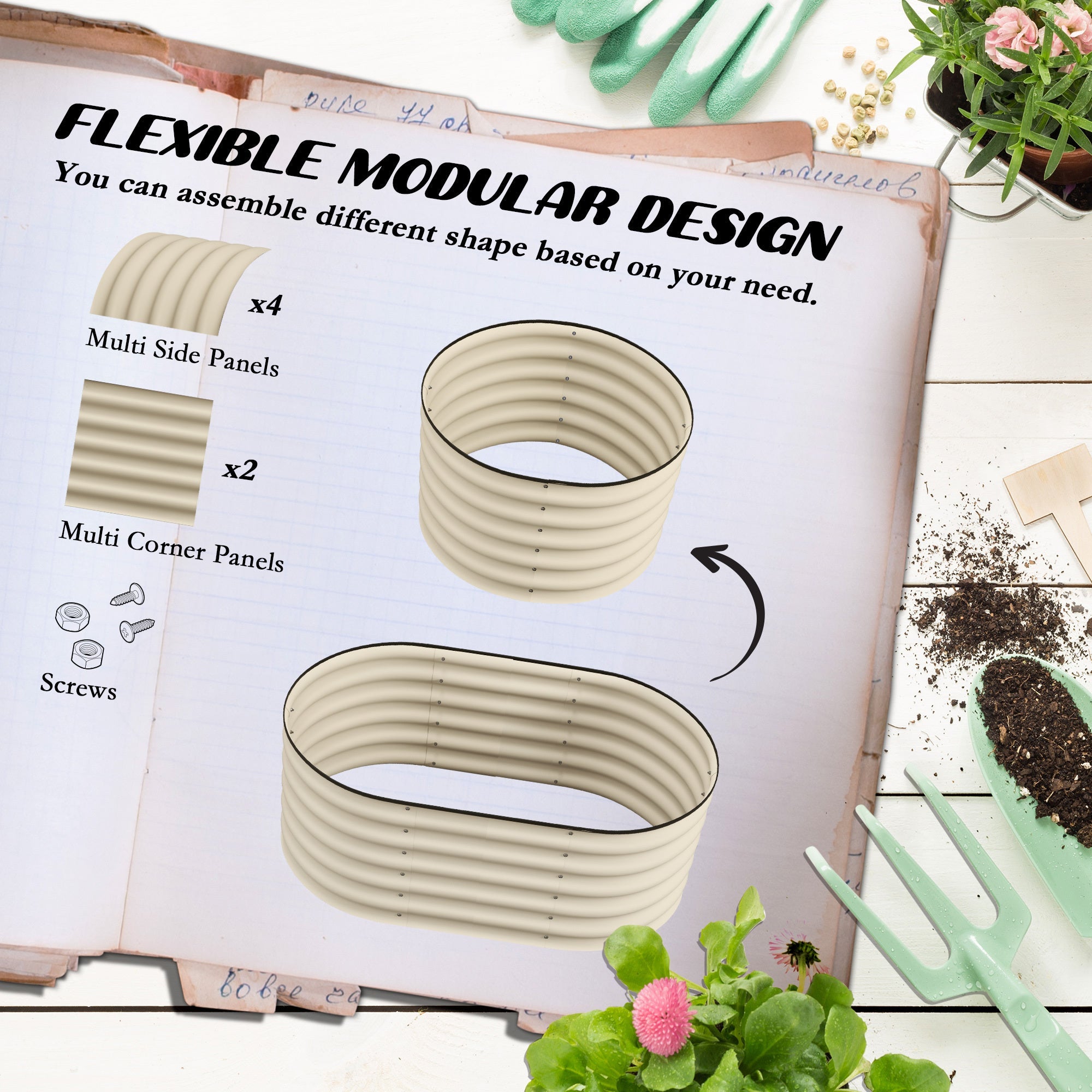 Galvanized Raised Garden Bed Kit – 3.5'x2'x1.4' Elevated Planter, Cream