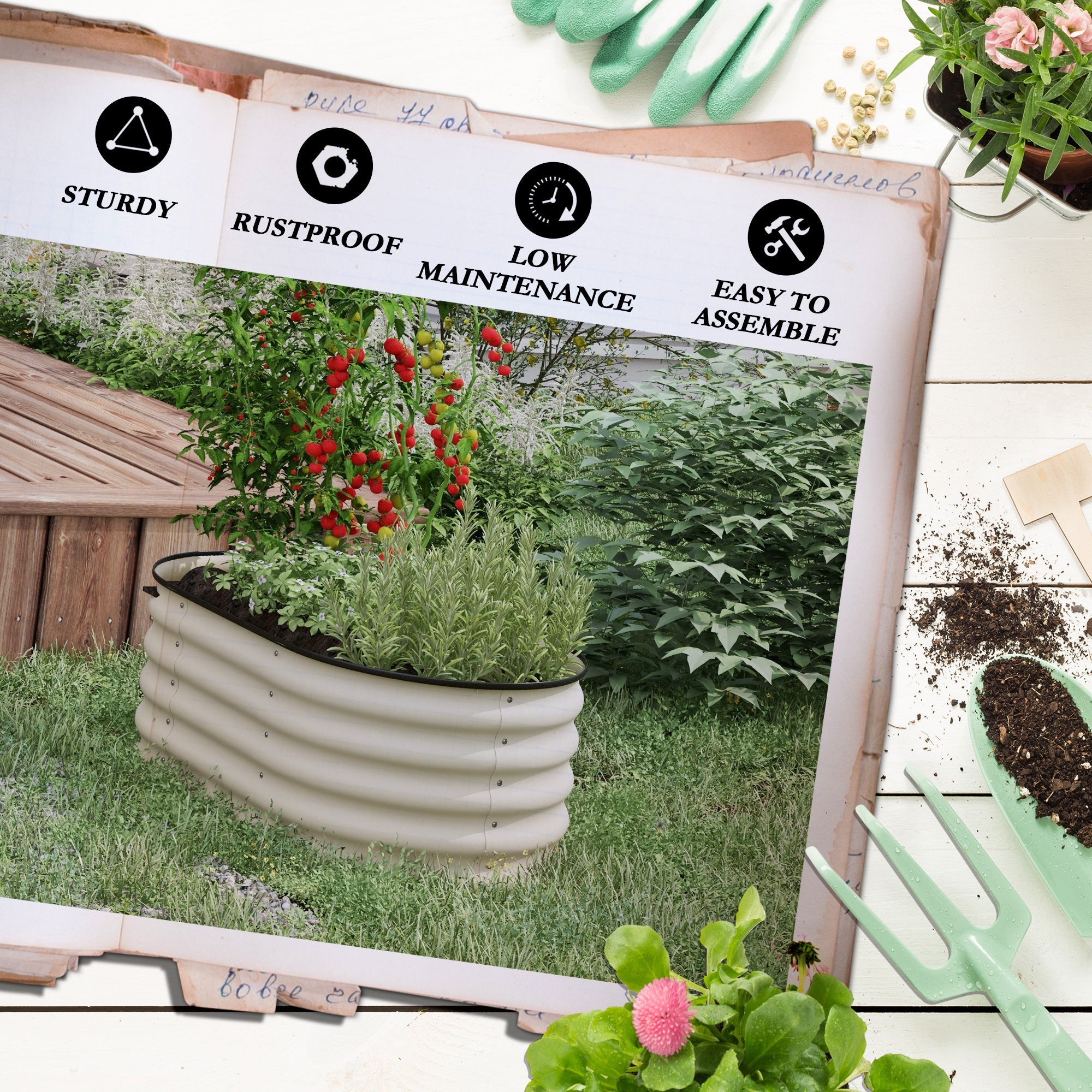 Galvanized Raised Garden Bed Kit – 3.5'x2'x1.4' Elevated Planter, Cream