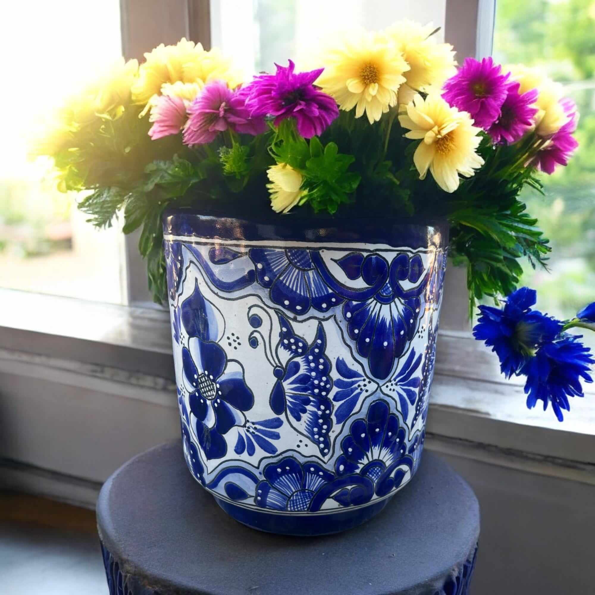 Artisan Talavera Planter – Blue & White Mexican Flower Pot