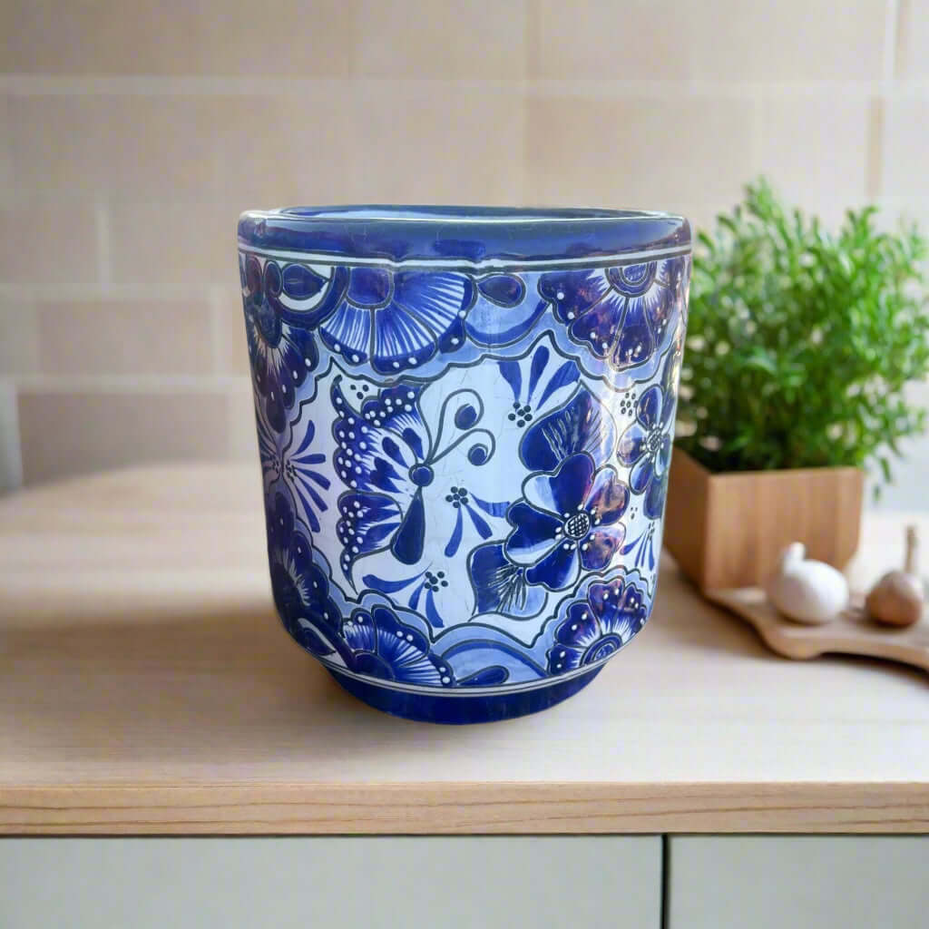 Artisan Talavera Planter – Blue & White Mexican Flower Pot