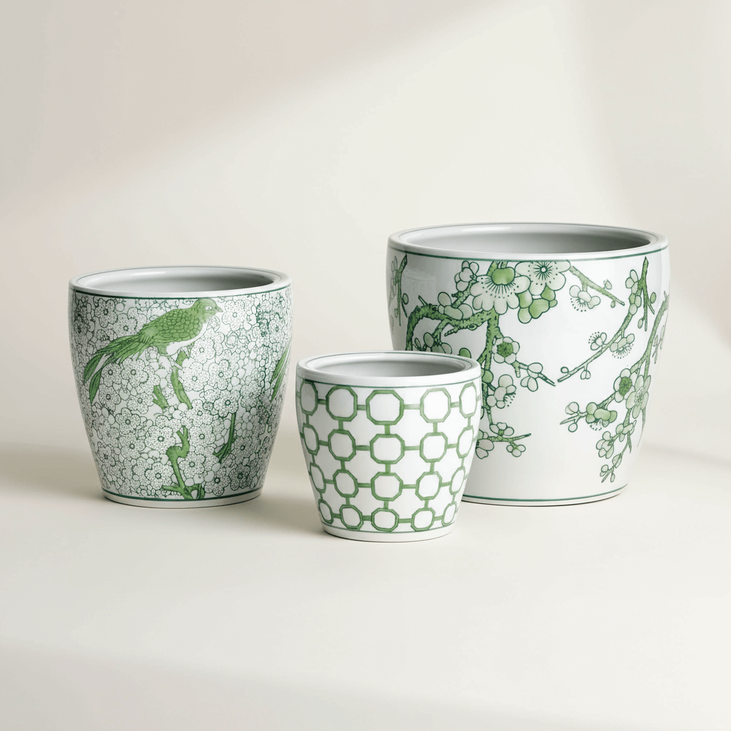 Green and White Chinoiserie Ceramic Planters (Set of 3)